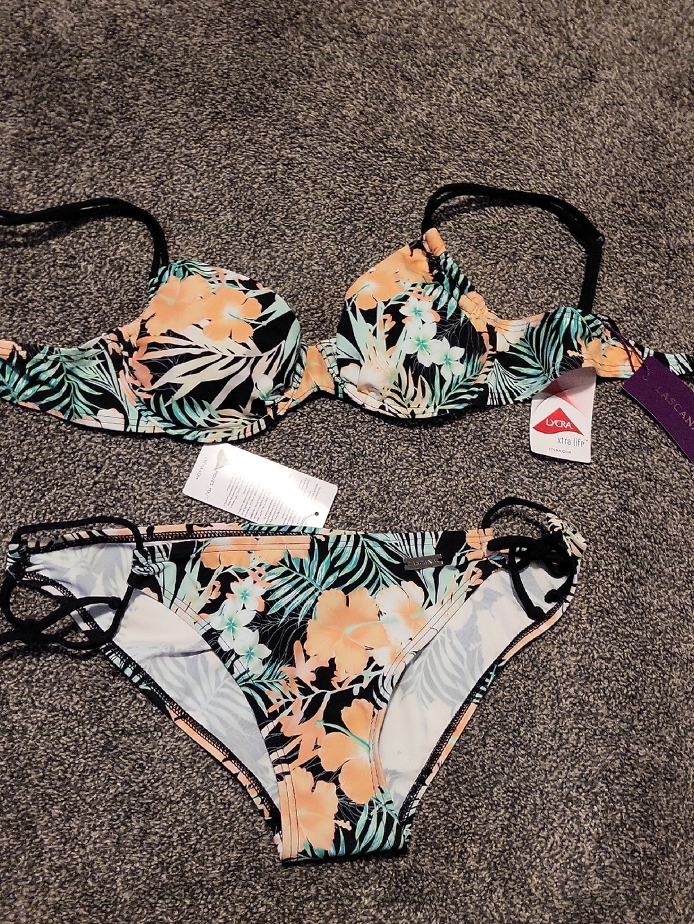 Peach Floral Black Underwire Bikini Set